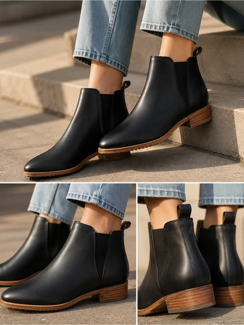 Nisolo Black Leather Eva Chelsea Booties with Stacked Wood Heel Slip-On